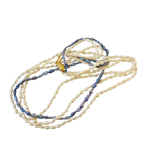 Vintage Fresh Water Pearl Necklace 3 Strands White & Blue Sterling Silver Clasp - Picture 4 of 10